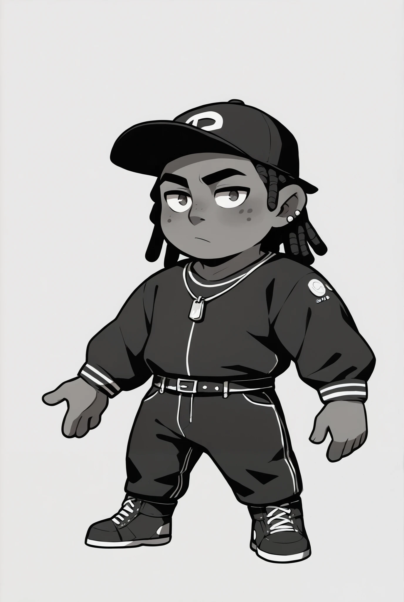 プロンプト例:
“A chibi-style male character with an anime art style, wearing a backward baseball cap and having dreadlocks. The character has an orange and black theme, dressed in a rapper-style outfit.