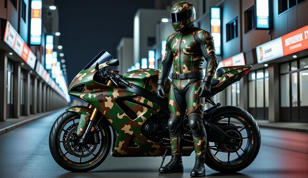 A full-body image of a muscular adult male dressed in military tactical gear, wearing a camouflage leather full-body suit, camouflage mask and tactical boots. The sleek leather outfit provides full coverage, exuding a dark and intense atmosphere. The scene is illuminated by low light, casting dramatic shadows that enhance the mysterious and powerful presence. He stands beside a heavy-duty military camouflage 1000cc Sportbike , ready for action, in a futuristic cyberpunk city street filled with neon lights and advanced technology. The composition emphasizes his commanding stance and the tactical precision of his gear, blending a sleek, futuristic aesthetic with a gritty, law enforcement vibe.,future army,Racing Helmet,army green camouflage