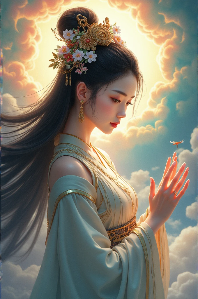 A traditional Chinese goddess、 Superb Beautiful Faces 、 Beautiful Costumes and Decorations 、 long black hair 、 Flowing Colourful Clouds、Light is shining from beyond the clouds、 high image quality、masterpiece、