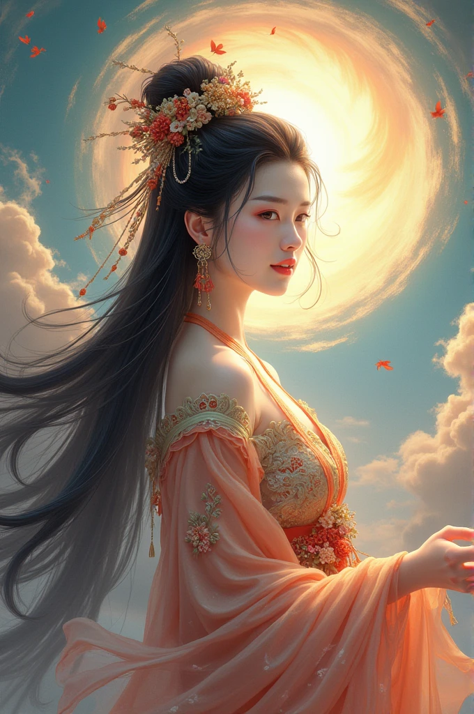 A traditional Chinese goddess、 Superb Beautiful Faces 、 Beautiful Costumes and Decorations 、 long black hair 、 Flowing Colourful Clouds、Light is shining from beyond the clouds、 high image quality、masterpiece、