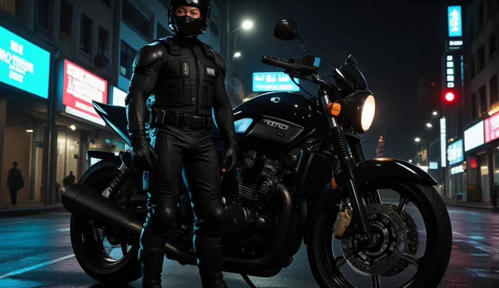 A full-body image of a muscular adult male dressed in police tactical gear, PTU-style, wearing a black leather full-body suit, mask, and tactical boots. The sleek leather outfit provides full coverage, exuding a dark and intense atmosphere. The scene is illuminated by low light, casting dramatic shadows that enhance the mysterious and powerful presence. He stands beside a heavy-duty police motorcycle, ready for action. The composition emphasizes his commanding stance and the tactical precision of his gear,Future City Technology,blending a sleek, futuristic aesthetic with a gritty, law enforcement vibe.Cyberpunk City Streets

