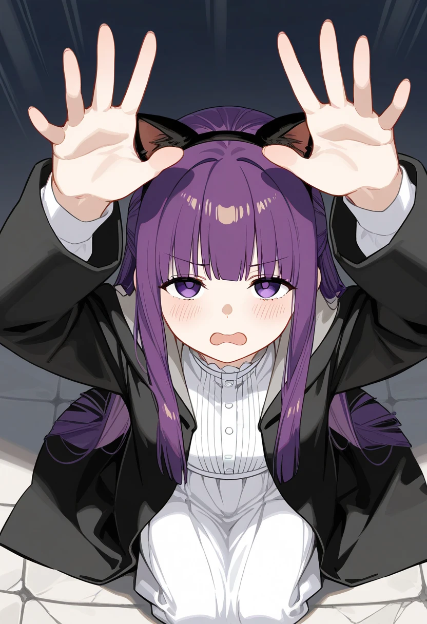 1girl\(fern\(sousou no frieren\),black coat,seiza, >:(, half-closed eyes,wavy mouth,(half open mouth,,anguish expression:1.26),blush, looking up,look at viewer,cat ears headband,raising hands above head\),composition\(from above, from the right side\),BREAK, masterpiece, best quality, 8k, highres, ultra-detailed,HDR, UHD,
