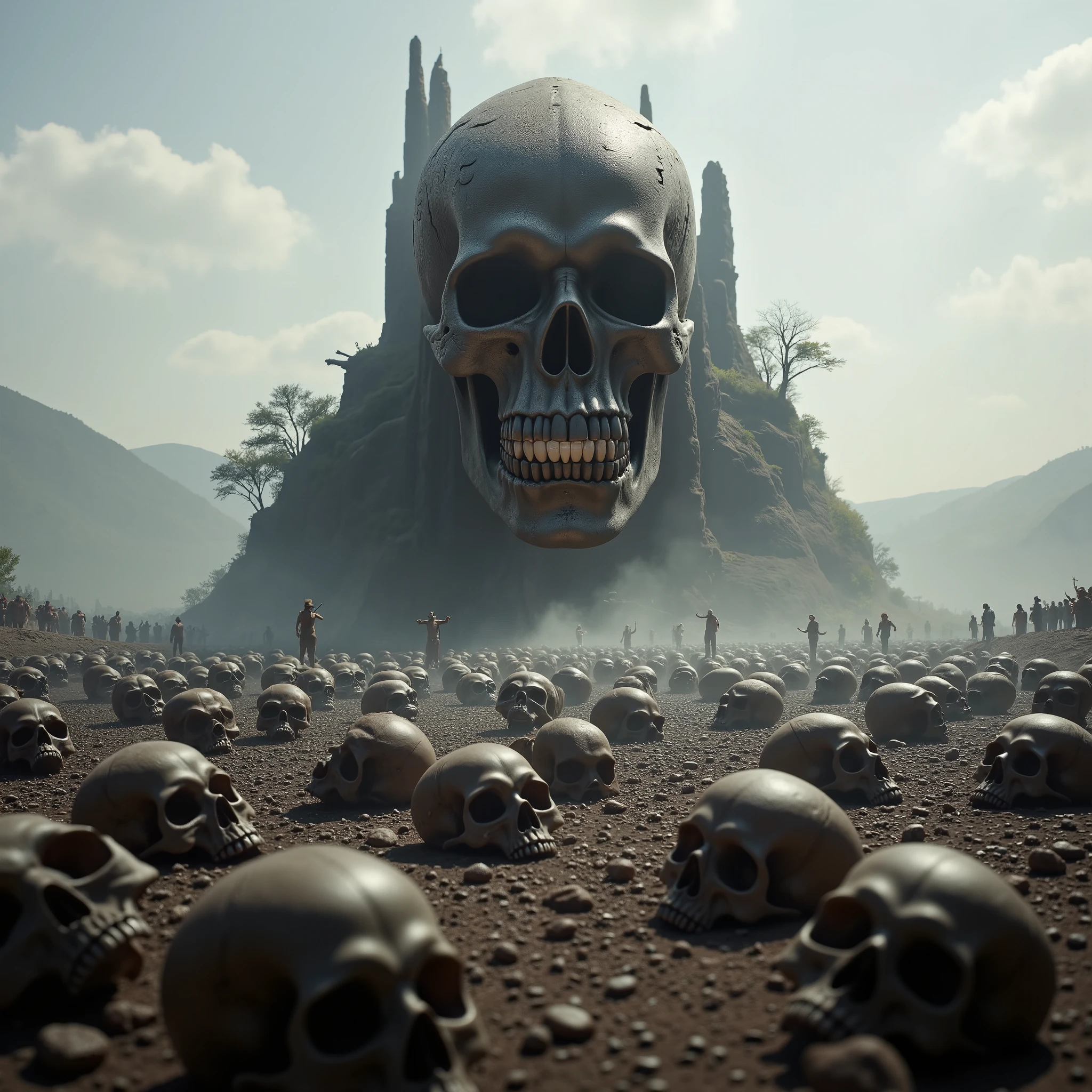 A giant evil, disgusting looking skull up on a rock platform with thousands of native peoples bowing down and worshiping it as God. Photo-realistic,ultra-detailed, realism,portrait photography,cinematic portrait, cinematic photography, UHDR, full focus, highest quality, cinematic lighting,masterpiece.