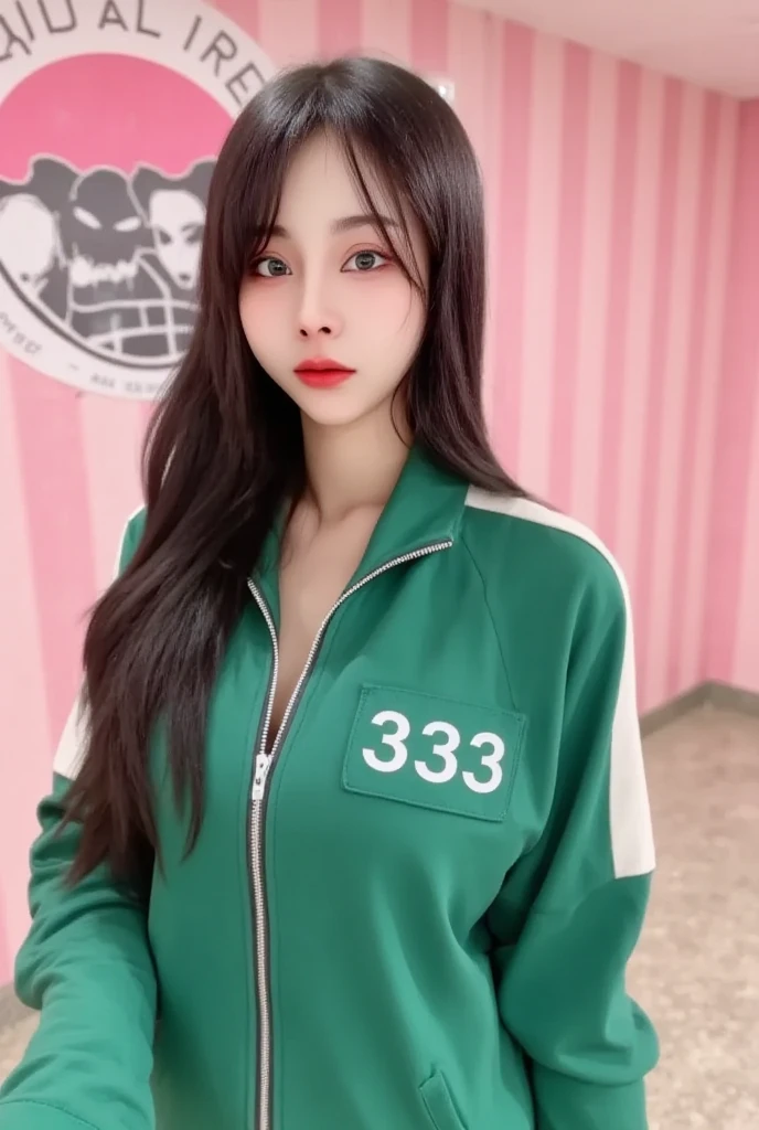 A 25-year-old Korean woman with long hair, a pretty face with clear details, wearing a green Squid Game outfit, green long-sleeved overalls with white stripes. The zipper unzipped, revealing her breasts. On her right chest is the number 333. She stands in a room with pink and white stripes and the text "Squid Game" written in black, contrasting with the pink on the wall.