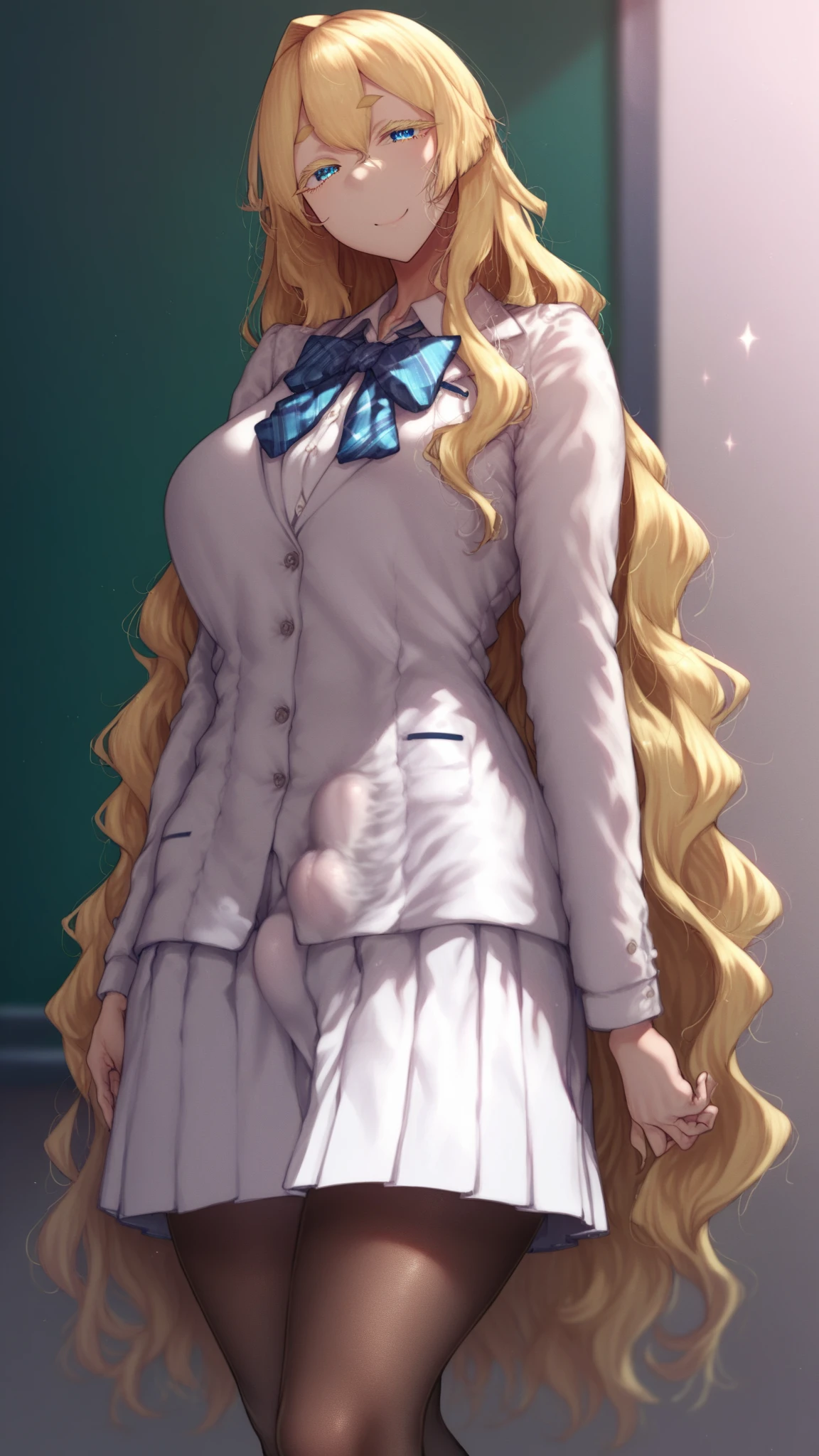 young woman, by the ruby,  very bright yellow hair,  semi-wavy hair,  very long hair, Very tall woman,  school uniform , very elegant uniform, white coat ,  white skirt ,  school uniform  de saco y falda,  lump on the legs, visible bulge through the skirt,  lump on the legs visible a través de la falda,  light blue eyes, light eyes,  big eyes,  detailed eyes , blonde eyelashes,  blonde eyebrows, medias negras, very long stockings, smile,  open eyes , anime,  anime style tanishi , Alone,  short skirt 