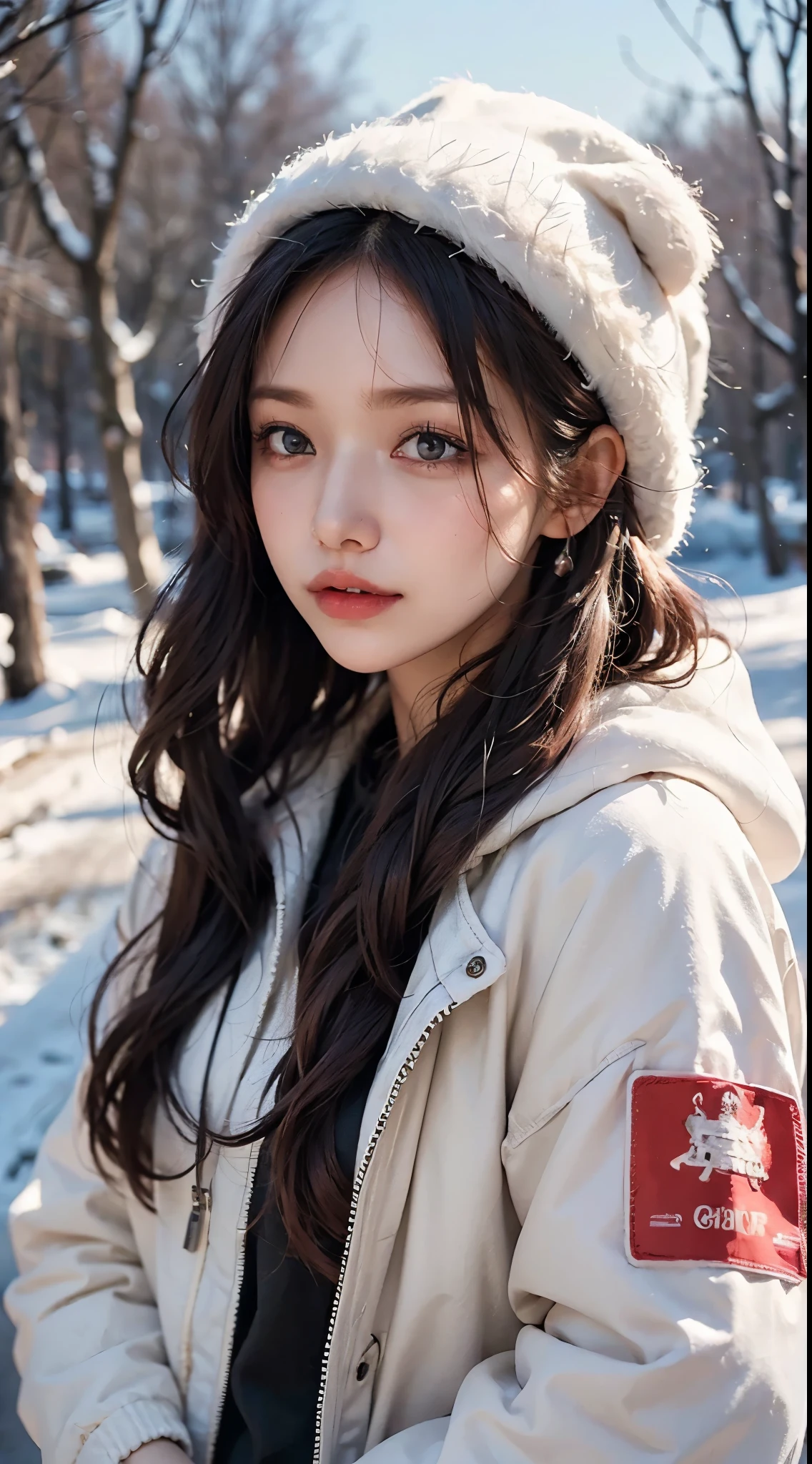 (((A woman standing in a winter landscape)))、A town where it snows in the evening、Red-faced playful eyes and face、An ultra-high picture quality、8K、Smart body、High Style、About 24 years old、Detailed eyes、Detailed skin、