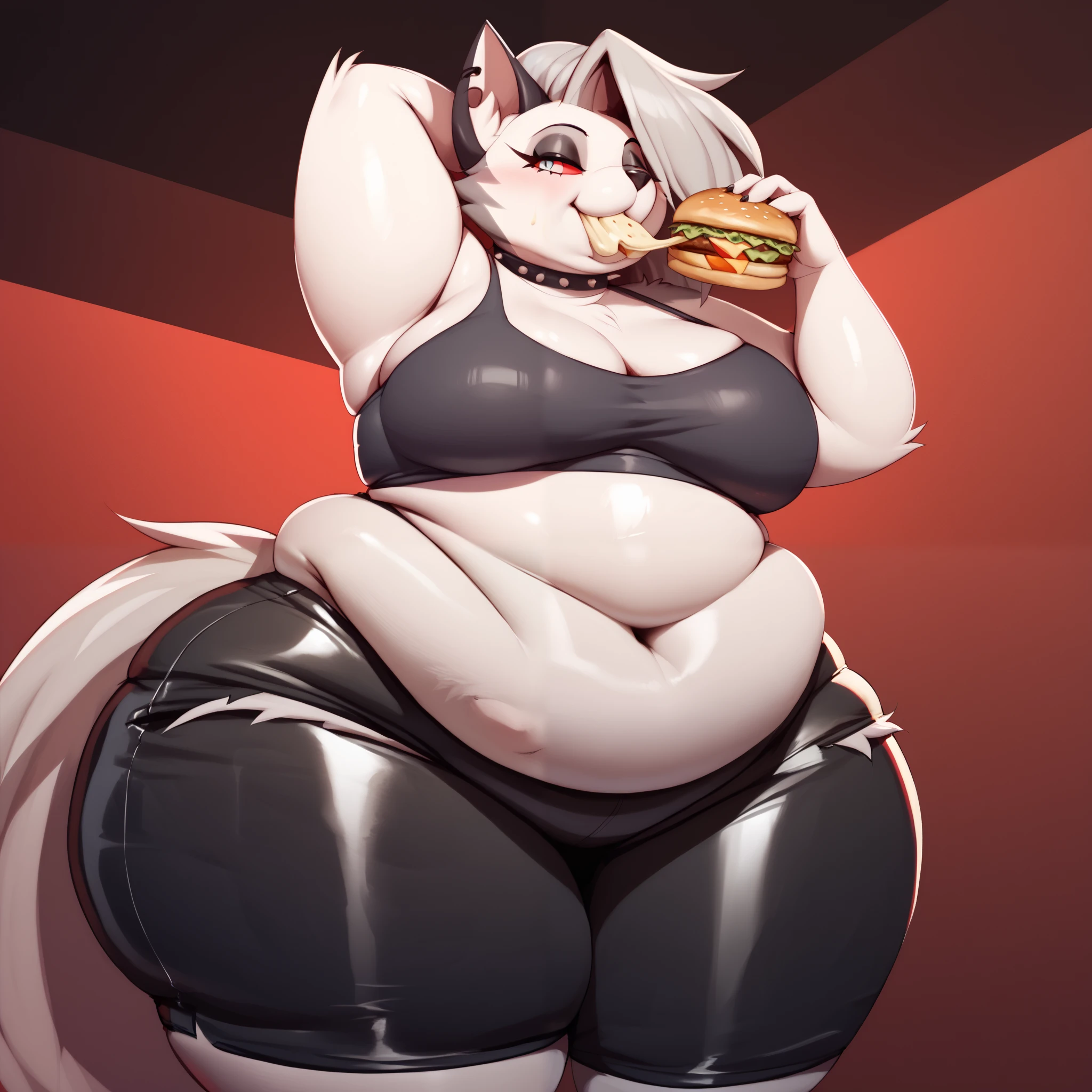 Loona Helluva Boss, (Fat body), (sexy pose), ((Furry)), (ssbbw), (very obese), (perfect fat anatomy), (belly soft like a marshmellow), (eating fast food), (home background), ((ONLY 1 Character)), (black latex shorts), (((she´s dancing while eat)))