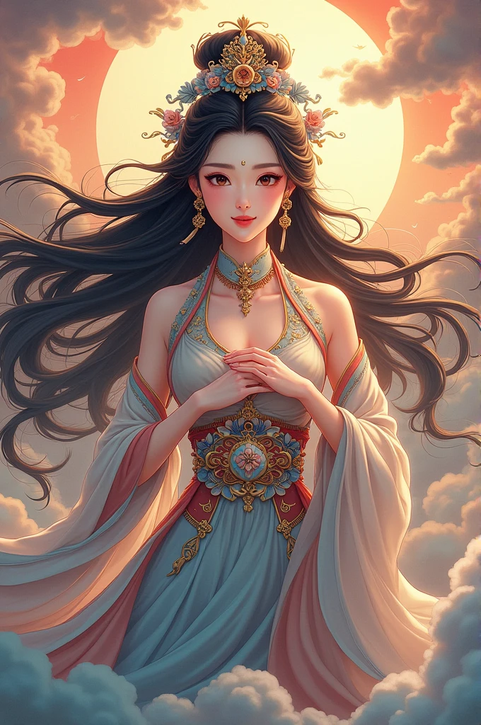 A traditional Chinese goddess、 Superb Beautiful Faces 、 Beautiful Costumes and Decorations 、 long black hair 、 Flowing Colourful Clouds、Light is shining from beyond the clouds、 high image quality、masterpiece、 anime illustration art、