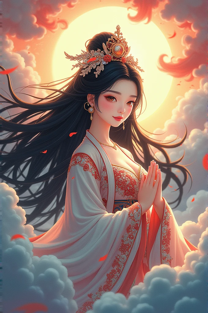 A traditional Chinese goddess、 Superb Beautiful Faces 、 Beautiful Costumes and Decorations 、 long black hair 、 Flowing Colourful Clouds、Light is shining from beyond the clouds、 high image quality、masterpiece、 anime illustration art、