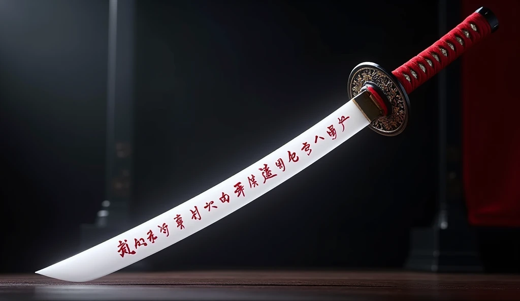 Realistic, Theme is "Pure white blade, crimson red handle and beautiful scabbard", Crimson red handle, Intricately decorated disc-shaped tsuba, Pure white blade is 90cm long, Crimson red characters are written vertically in kanji on the blade, Scabbard is lacquered with glossy black, Sophisticated design, Advanced lighting technique, Live action photography 8K quality