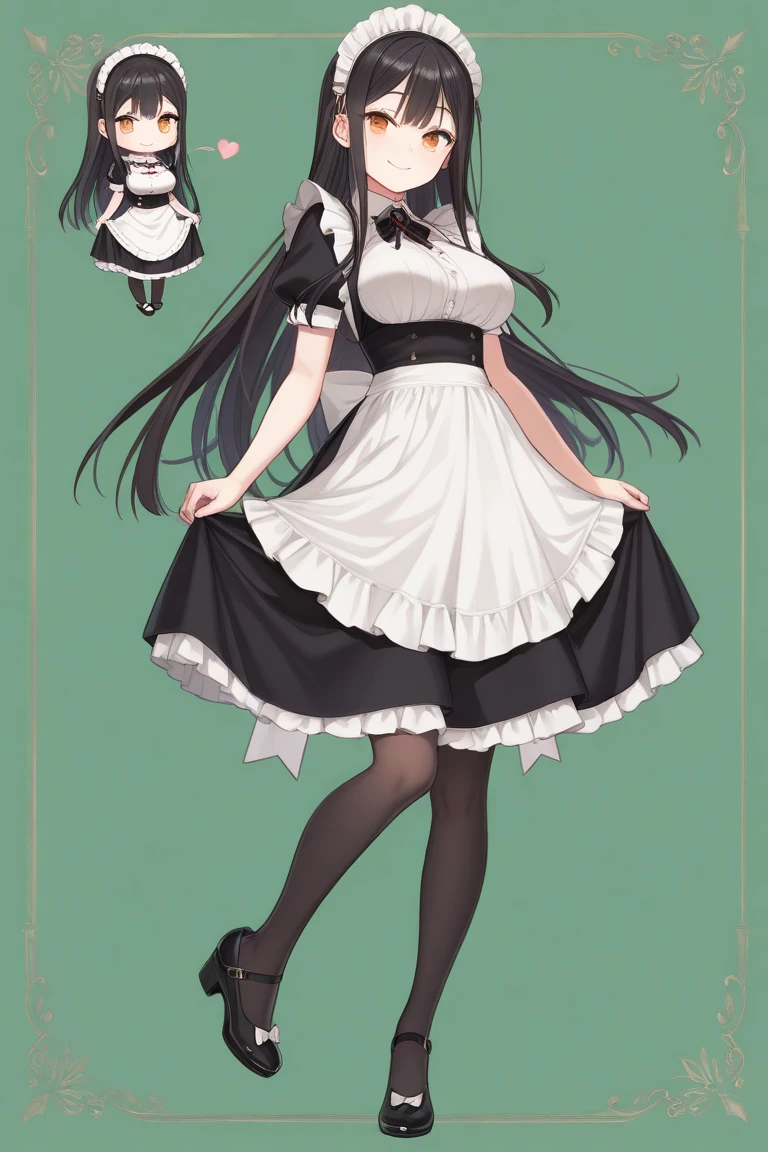 1girl,masterpiece,  top quality ,  Very Aesthetic ,  absurd, up to date,maid,doress shoes,Long black hair,happy、Smile lightly,  beautiful,Alone, slender body 、stand、,sidelock ,amber eyes、、 small breasts、, chibi, full body,green background