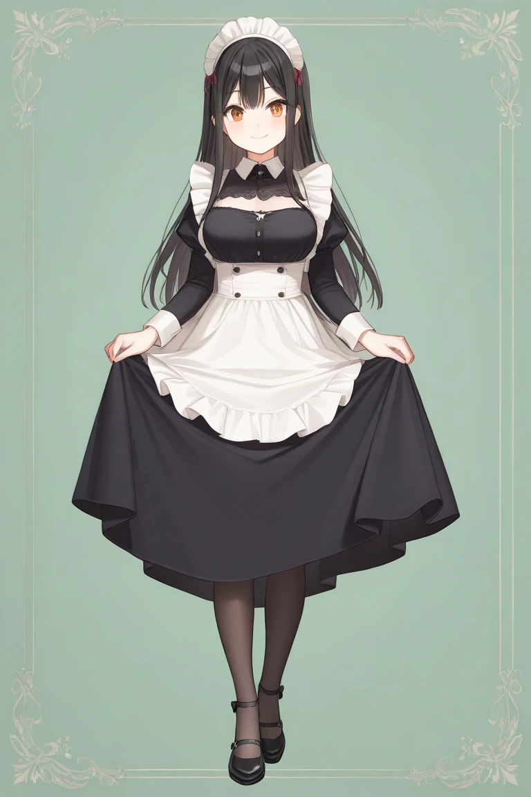 1girl,masterpiece,  top quality ,  Very Aesthetic ,  absurd, up to date,maid,doress shoes,Long black hair,happy、Smile lightly,  beautiful,Alone, slender body 、stand、,sidelock ,amber eyes、、 small breasts、, chibi, full body,green background