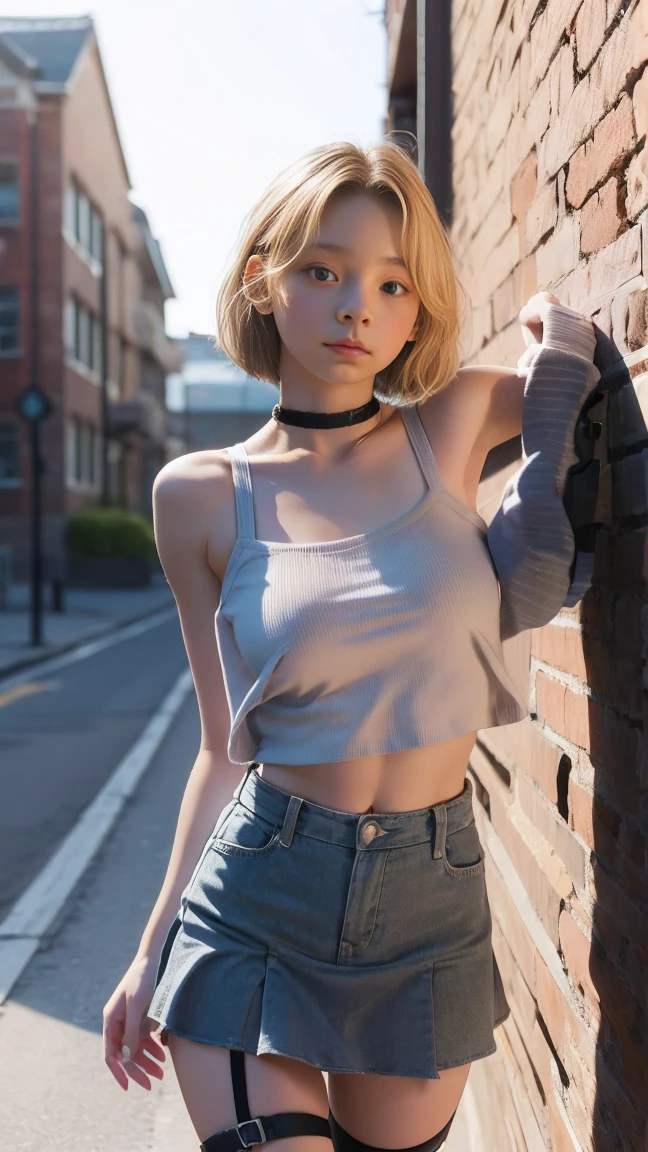 Anime girl, blonde short shoulder-length hair, blue eyes, black t-shirt