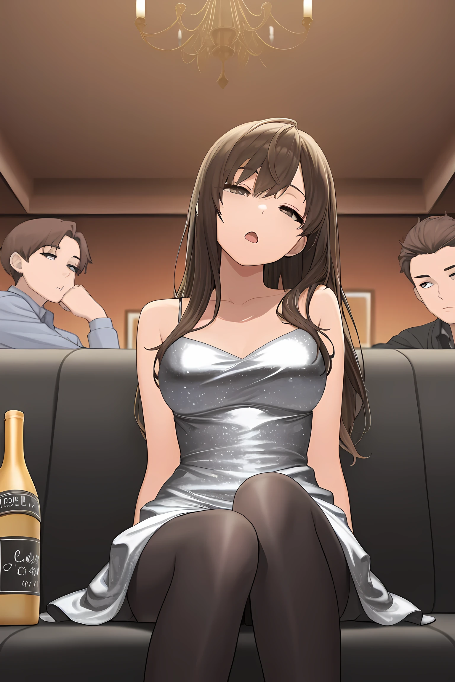 masterpiece, best quality,1girl,{sleepy:2.0}, black tights, open mouth, party dress, {eyes open:2.0}, club, official art, brown hair, long hair, sitting, bored, head tilt, detailed eyes