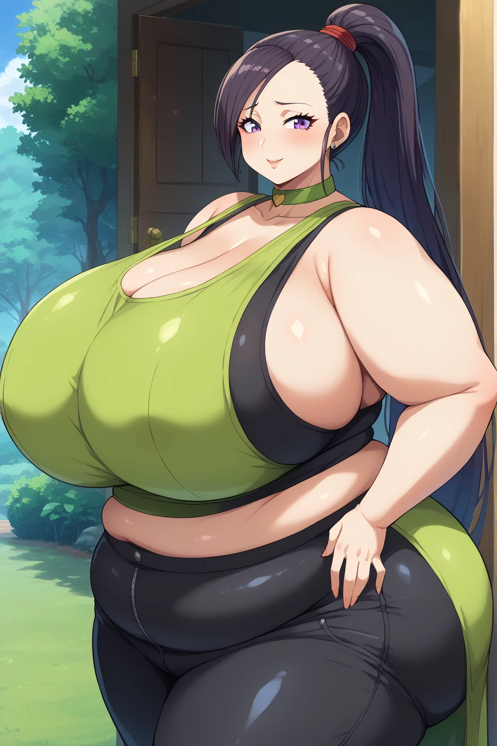 dragon_Quest martina , Martina、 long hair、 ponytail、 purple eyes、 black hair、 shoulder out、 ((( Yellow-green Crop Top、 Yellow-green Choker , black tank top,black latex spats))),milf, obese の中年女性, embarrassing expression , troubled expression,((Outdoor,grassland)), score_9,  score_8_ up、 score_7_ up、 score_6_ up、 score_5_ up、 score_4_ up、 masterpieces at the front door of the house、 top quality 、 very aesthetic、 absurd,、 Source_Anime‎ screencap, one woman、Alone、 personal 、Long Hair,Super huge breasts, ((( super huge clevis, Super huge, Super huge boob))), Curvy、 wide hips、Fat body、 chubby、 obese ,