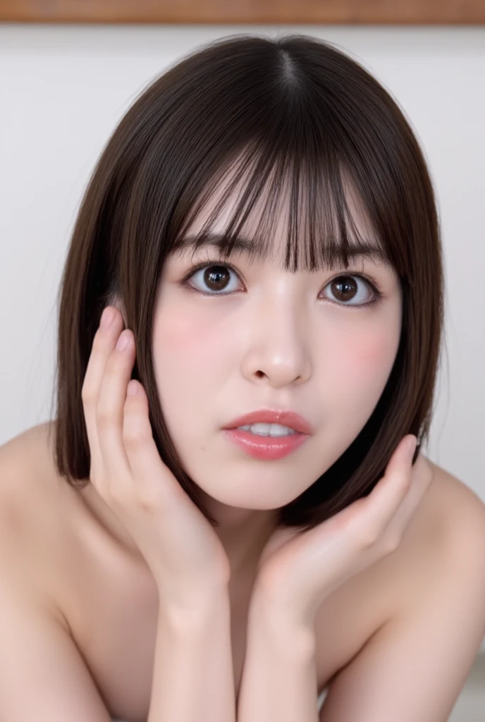 The high resolution photograph of a young Japanese female idol, solo, 1girl, (wearing a strapless off-shoulder dress), portrait, face focus, looking at the camera, (straight long black hair with blunt bangs:1.4), pale skin, detailed face, detailed eyes, seductive eyes, natural make-up, (open mouth, cum in mouth, hands behind head, frowning:1.2), indoors,
