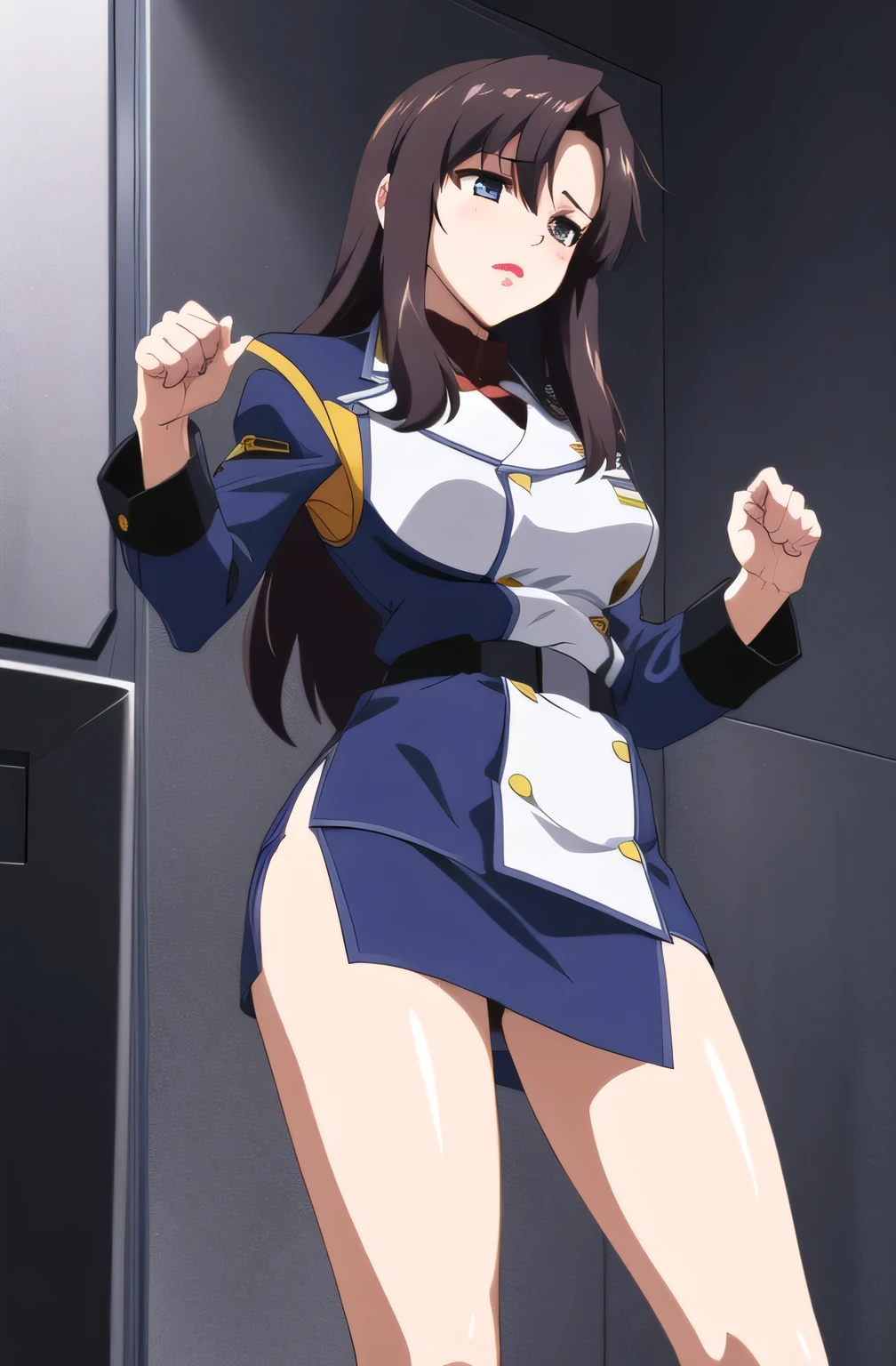 Mecha Wings、白と青色のskirt、Accentuated thighs、White tights、chest、Beautiful black hair、1 girl、solo girl、Thick thighs、IS、Frame Arms Girl、Alice Gere Aegis、White Armor、Blue and purple lines、income、headphone、hand on own chest、smile、Miike Naeko,One girl,alone,police,police uniform,uniform,policewoman,skirt,tie,Twin tails,Black Hair