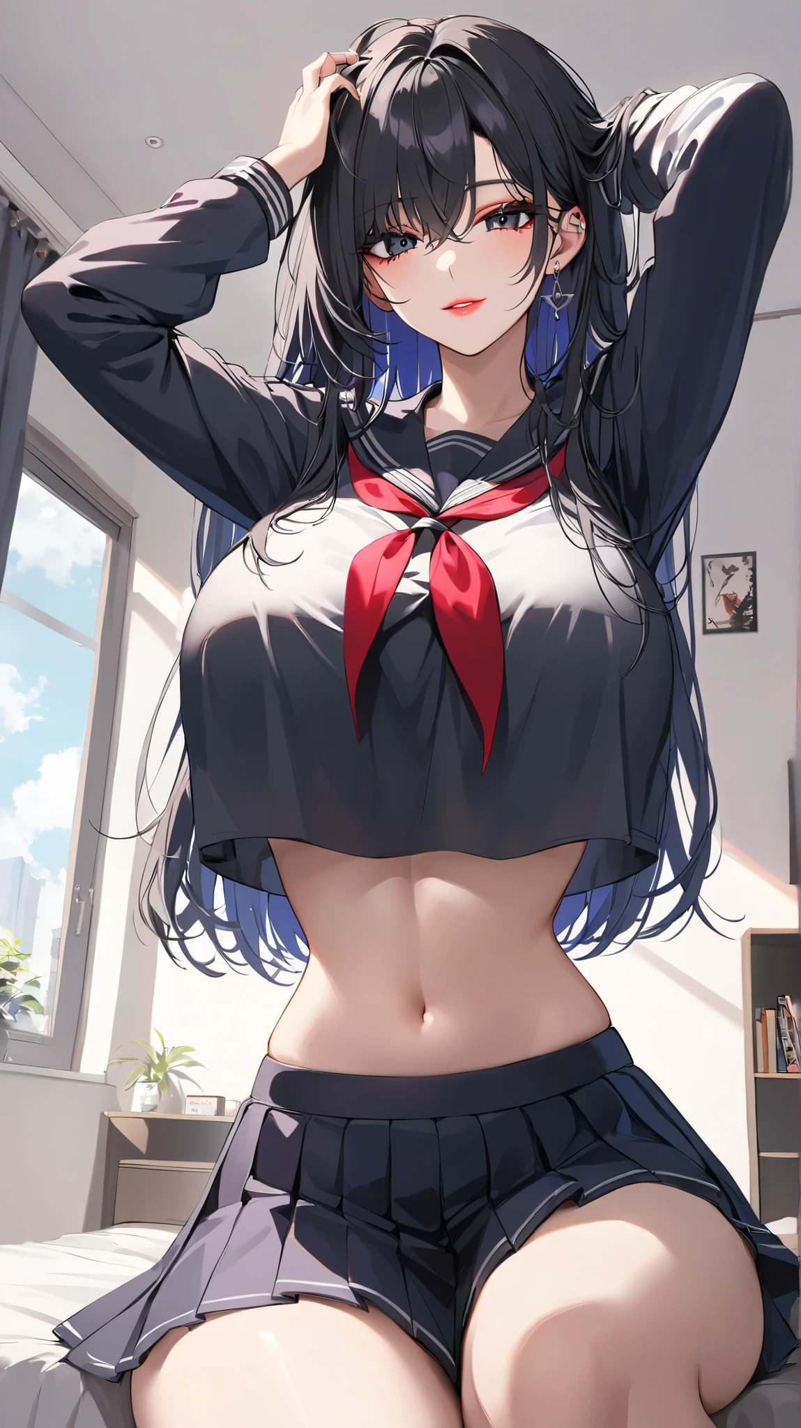 ((masterpiece)), ((Best Quality)), (Ultra-detailed), ((kawaii)), (Cute), (lovely), ((Sexy)), (Ero), ((Extremely detailed)), 4K, (8K), Best Quality, (Beautiful), Illustration, Anime style, Painting, Dynamic Angle, upper body, (Poses for erotic photo album:1.2), open your legs, heavy outline, clear outlines, Gradation, (full body focus), class room, Cute girl pervert,1girl, Solo, school uniform, Beautiful random colored eyes, ((Beautiful eyes)), random hair style, Buttocks, (large breast), dark rimmed glasses, (smirk:1.2), grin, (blush:1.5), sparkling effect, Lens Flare, shiny-glistening, gleaming