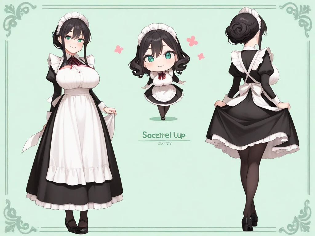 1girl,masterpiece,  top quality ,  Very Aesthetic ,  absurd, up to date,maid,curly black hair,happy,dress shoes,Smile lightly,  beautiful,Alone, slender body 、stand、,sidelock ,jade eyes,endearing smile, chibi, full body,green background,big breasts