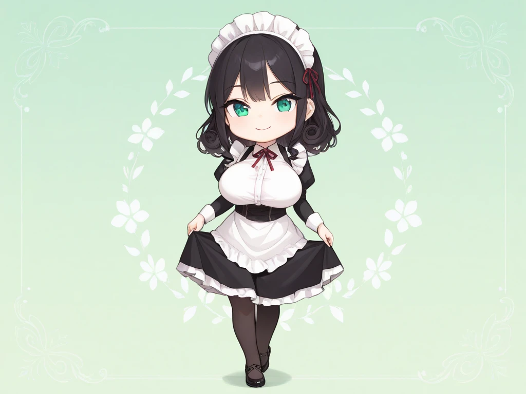 1girl,masterpiece,  top quality ,  Very Aesthetic ,  absurd, up to date,maid,curly black hair,happy,dress shoes,Smile lightly,  beautiful,Alone, slender body 、stand、,sidelock ,jade eyes,endearing smile, chibi, full body,green background,big breasts