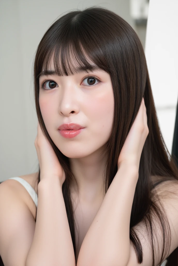 The high resolution photograph of a young Japanese female idol, solo, 1girl, (wearing a strapless off-shoulder dress), portrait, face focus, looking at the camera, (straight long black hair with blunt bangs:1.2), pale skin, detailed face, detailed eyes, seductive eyes, natural make-up, (open mouth, cum in mouth, hands behind head, frowning:1.4), indoors,
