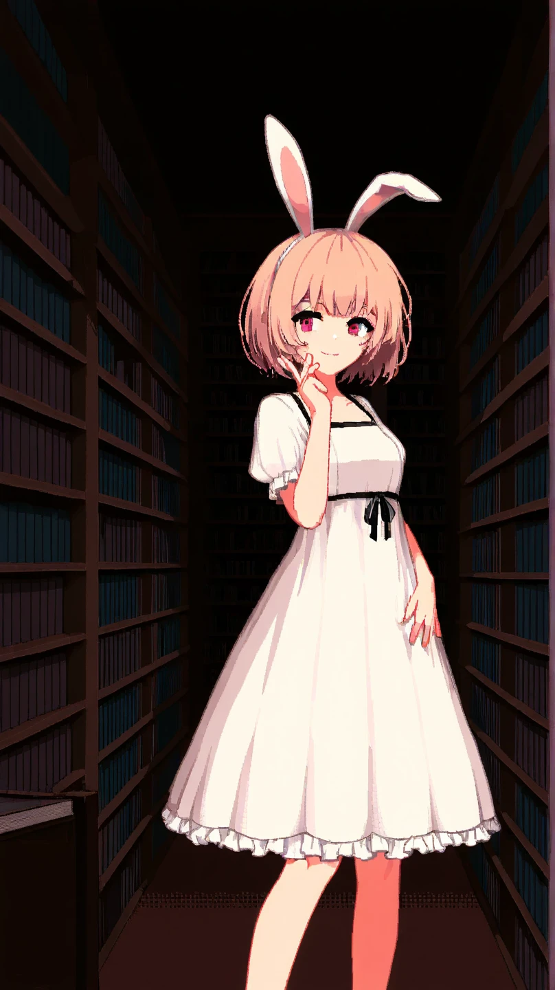 best quality, 1girl, pixel art, rabbit ears, smile, dress, short hair, library