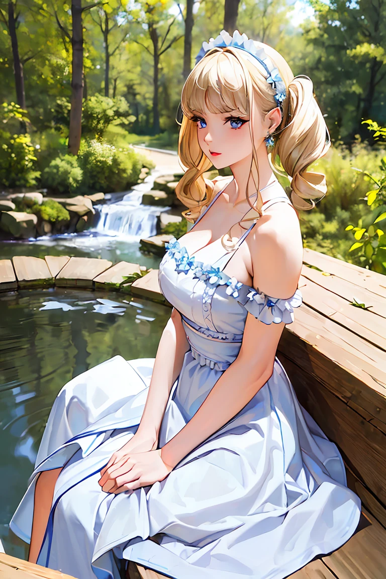 ((Best quality, 8k, Masterpiece: 1.3)), Sharp focus A beautiful woman with perfect body, Highly detailed face and skin texture, (Detailed eyes), picnic, white dress, jewelry, earrings, hairband, frill, blonde hair, long pigtails, Forest park with a large pond