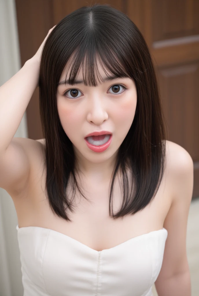 The high resolution photograph of a young Japanese female idol, solo, 1girl, (wearing a strapless off-shoulder dress), portrait, face focus, looking at the camera, (straight long black hair with blunt bangs:1.2), pale skin, detailed face, detailed eyes, seductive eyes, natural make-up, (open mouth, cum in mouth, hands behind head, frowning:1.4), indoors,
