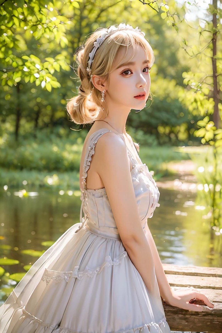 ((Best quality, 8k, Masterpiece: 1.3)), Sharp focus A beautiful woman with perfect body, Highly detailed face and skin texture, (Detailed eyes), picnic, white dress, jewelry, earrings, hairband, frill, blonde hair, long pigtails, Forest park with a large pond