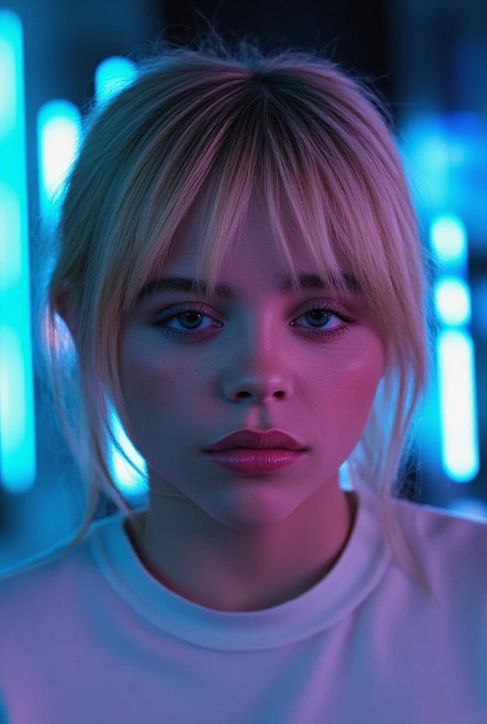 1 girl, Chloe Grace Moretz, neon city lights, cyberpunk, modern photography, detailed, masterpiece, beautiful detailed eyes, beautiful detailed lips, extremely detailed face, long eyelashes, flux white t-shirt, (best quality, 4k, 8k ,high resolution,masterpiece :1.2),ultra detailed,(realistic,photorealistic,photorealistic:1.37),vivid colors,studio lighting