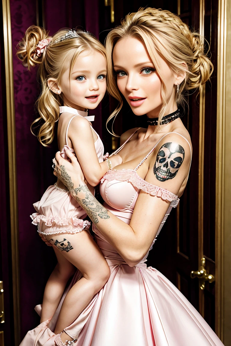 Super Skinny blonde Georgina Chapman and her young daughter, wearing pink wedding dress, she has a very long penis, she is grabbing her own penis, skull and crossbones tattoos all over her body, short hair tied up in a bun, screaming, smiling, her penis is huge, her penis is one meter long, choker, Lolita, her penis wearing pink lingerie