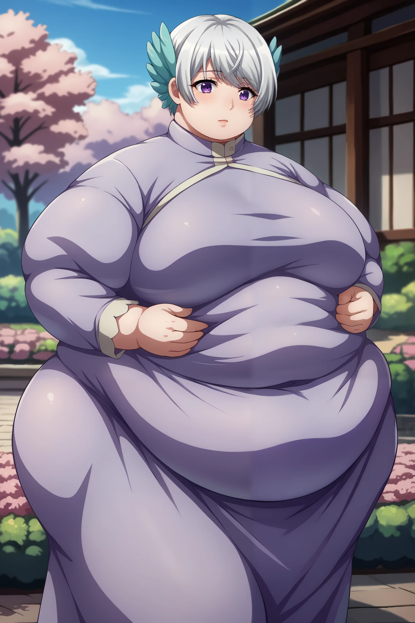 score_9,score_8_up,score_7_up,score_6_up, source_anime, zPDXL, woman, dynamic pose, head tilt,  short hair, white hair, purple eyes, head wings, purple dress, long sleeves, long dress, light purple sleeves, garden, cherry blossoms, sunset, fat, chubby, obese, gigantic arms and legs 