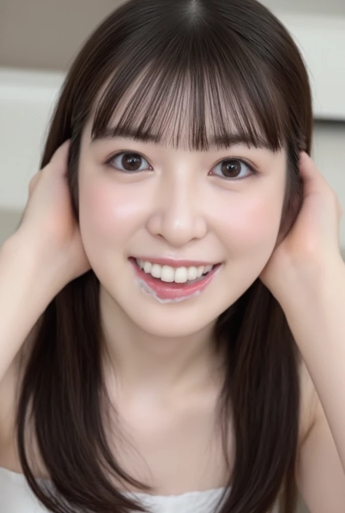 The high resolution photograph of a young Japanese female idol, solo, 1girl, (wearing a strapless off-shoulder dress), portrait, face focus, looking at the camera, (straight long black hair with blunt bangs:1.2), pale skin, detailed face, detailed eyes, seductive eyes, natural make-up, (smiling open mouth, cum in mouth, hands behind head:1.4), indoors,
