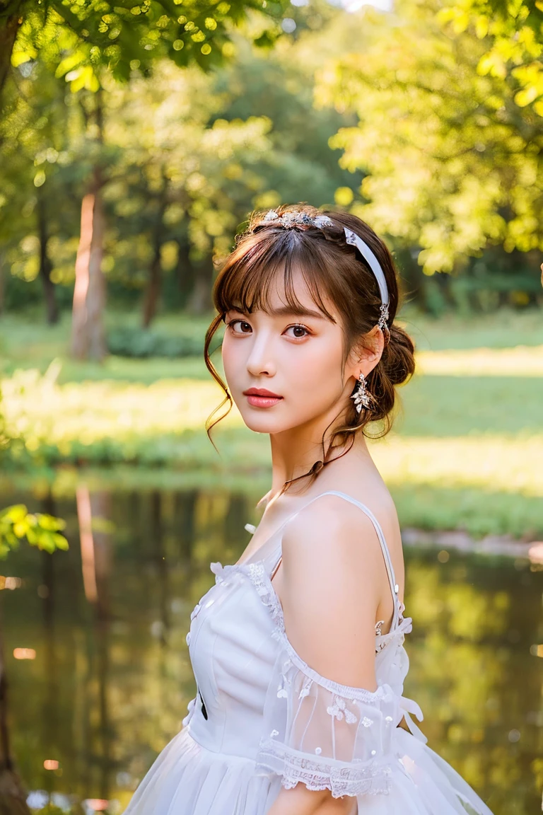 ((Best quality, 8k, Masterpiece: 1.3)), Sharp focus A beautiful woman with perfect body, Highly detailed face and skin texture, (Detailed eyes), picnic, white dress, jewelry, earrings, hairband, frill, brown hair, long pigtails, Forest park with a large pond