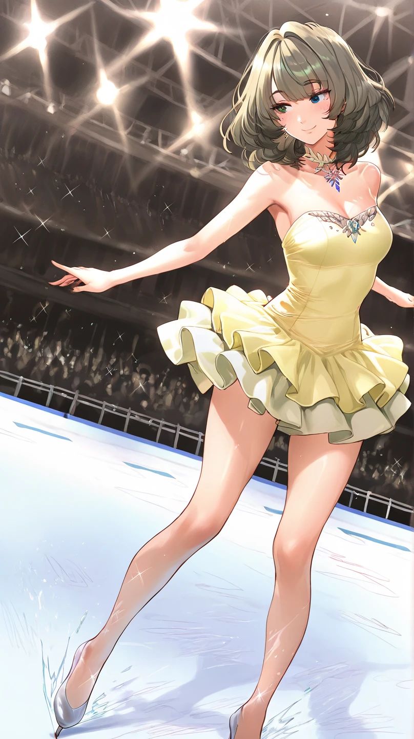 (((masterpiece))), (((best quality))), (((from side))), (((figure skating))), ((dancing on grand ice skating exhibition)), (raise shoe), raise arm, black purple bling decorate lace dress, sleeves, cinematic light, countless crowd, wind, night, solo, 1girl, smile, cleavage, ((big tits)), collarbone, sweat, ribbon, black updo hair, rosy lips, shy, blush, slim figure,<lora:girllikefigureskating:0.8>