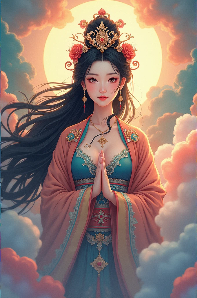 A traditional Chinese goddess、 Superb Beautiful Faces 、 Beautiful Costumes and Decorations 、 long black hair 、 Flowing Colourful Clouds、Light is shining from beyond the clouds、 high image quality、masterpiece、 anime illustration art、