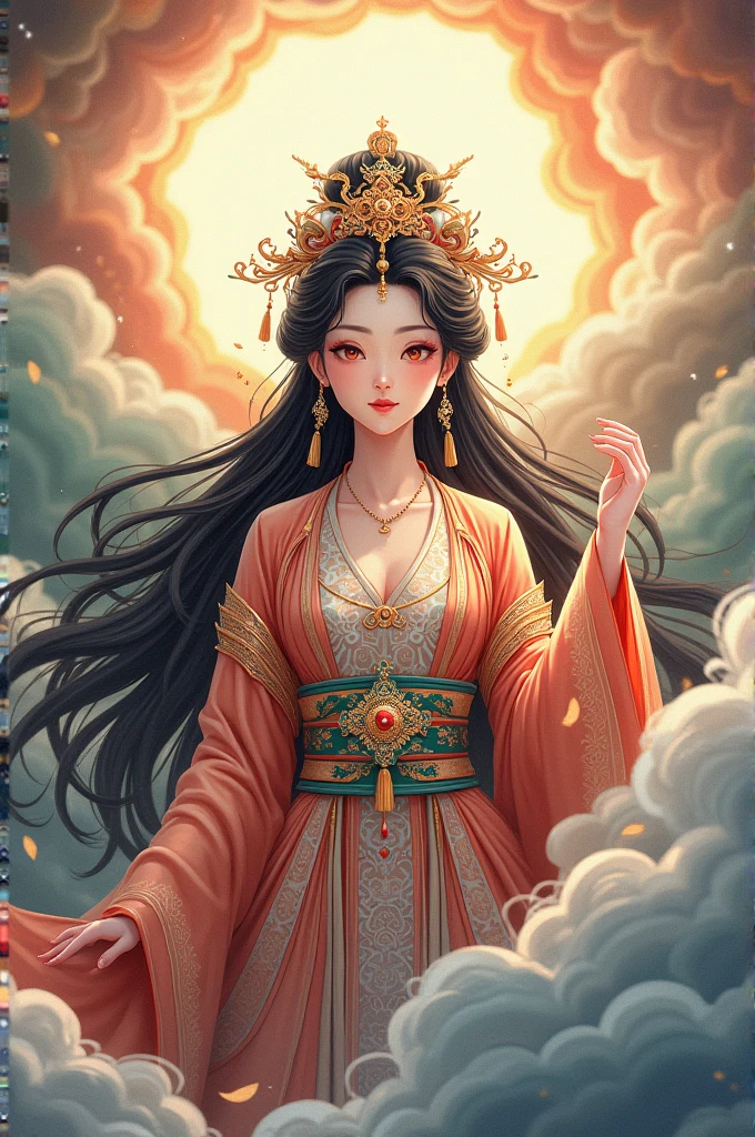 A traditional Chinese goddess、 Superb Beautiful Faces 、 Beautiful Costumes and Decorations 、 long black hair 、 Flowing Colourful Clouds、Light is shining from beyond the clouds、 high image quality、masterpiece、 anime illustration art、