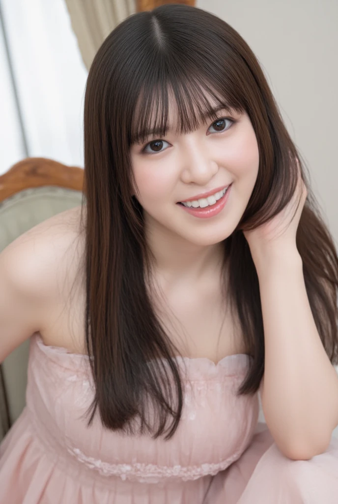 The high resolution photograph of a young Japanese female idol, solo, 1girl, (wearing a strapless off-shoulder dress), portrait, face focus, looking at the camera, (straight long black hair with blunt bangs:1.2), pale skin, detailed face, detailed eyes, seductive eyes, natural make-up, (laughing, full open mouth, cum in mouth:1.4), indoors,
