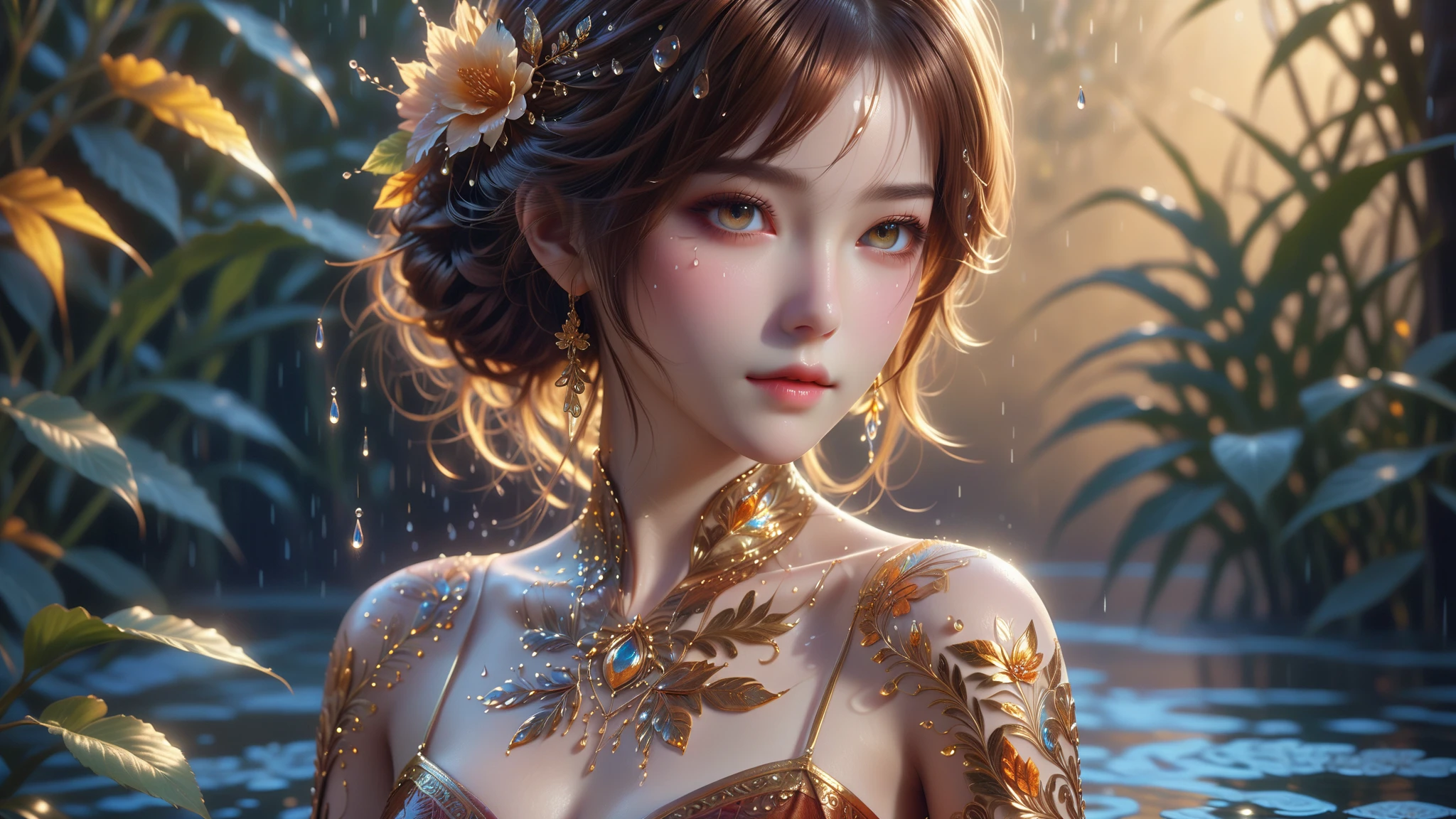 (Highest quality、8k、32K、masterpiece)、(Realistic)、(Realistic:1.2)、(High resolution)、Very detailed、Very beautiful face and eyes、1 girl、Round and small face、Tight waist、Delicate body、(close、Highest quality、Attention to detail、Rich skin detail)、(Highest quality、8k、Oil paints:1.2)、Very detailed、(Realistic、Realistic:1.37)、Bright colors
