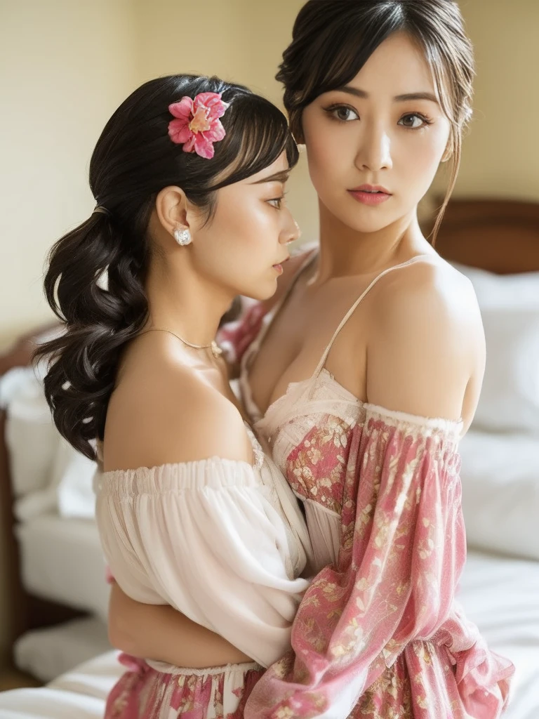 An Indonesian little ies school girls petitte 10 yh short body face to face with Indonesian milf woman seductive moaning romance deep kissing lips and teach how to making love,face full make up red lips, short body, ,show the seductive poses show her , kissing each other, wearing colorful flower pattern bra underwear lingerie , seductive poses