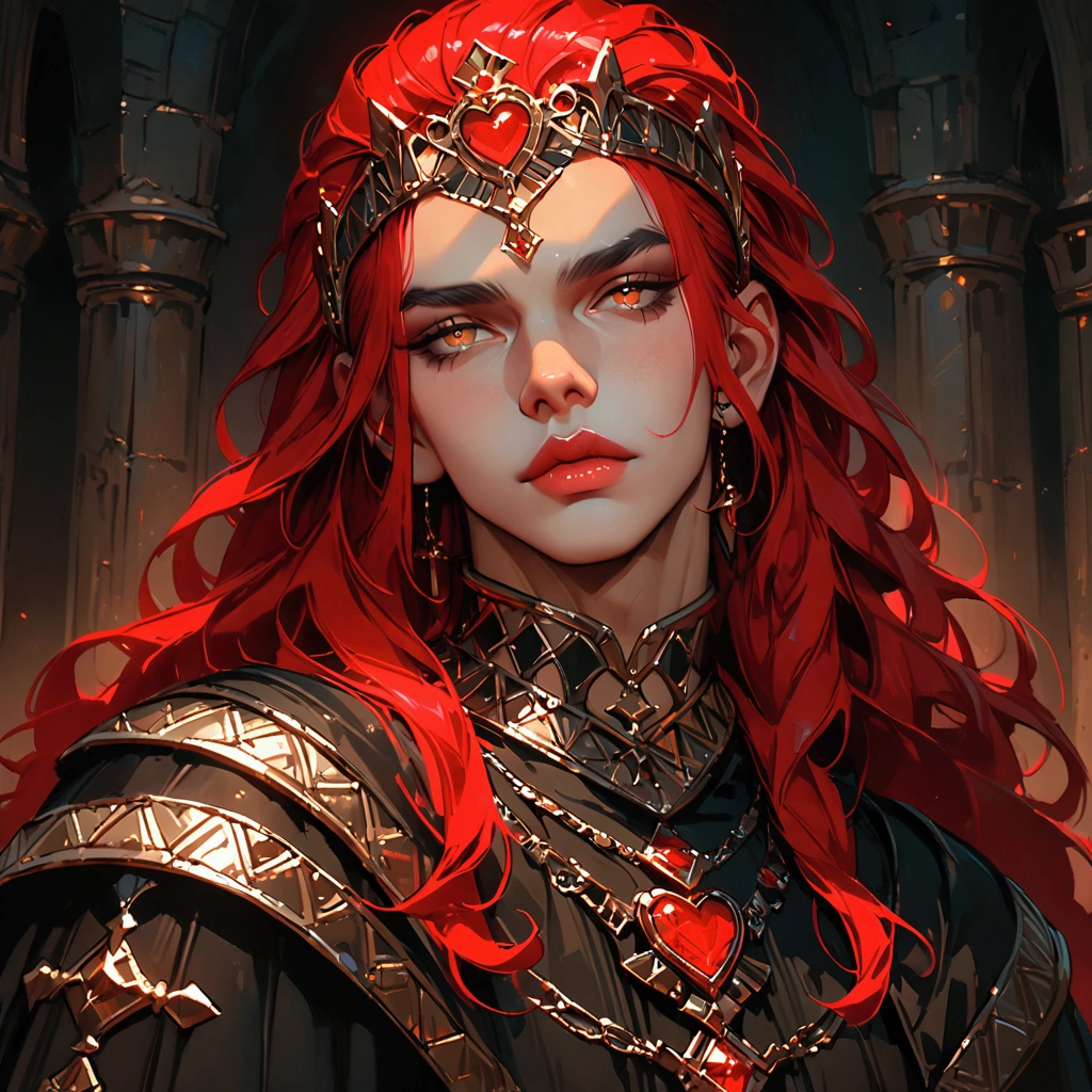 A handsome man with caramel skin tone, long messy waves of crimson hair, golden eyes, wearing a regal black outfit with a headpiece featuring a red heart-shaped gem, in an Egyptian-inspired high fantasy medieval style, (best quality,4k,8k,highres,masterpiece:1.2),ultra-detailed,extremely detailed face and eyes,beautiful detailed lips,beautiful detailed eyes,longeyelashes,medieval,egyptian,high fantasy,portrait,ornate,dramatic lighting,cinematic,moody,dark,brooding,chiaroscuro