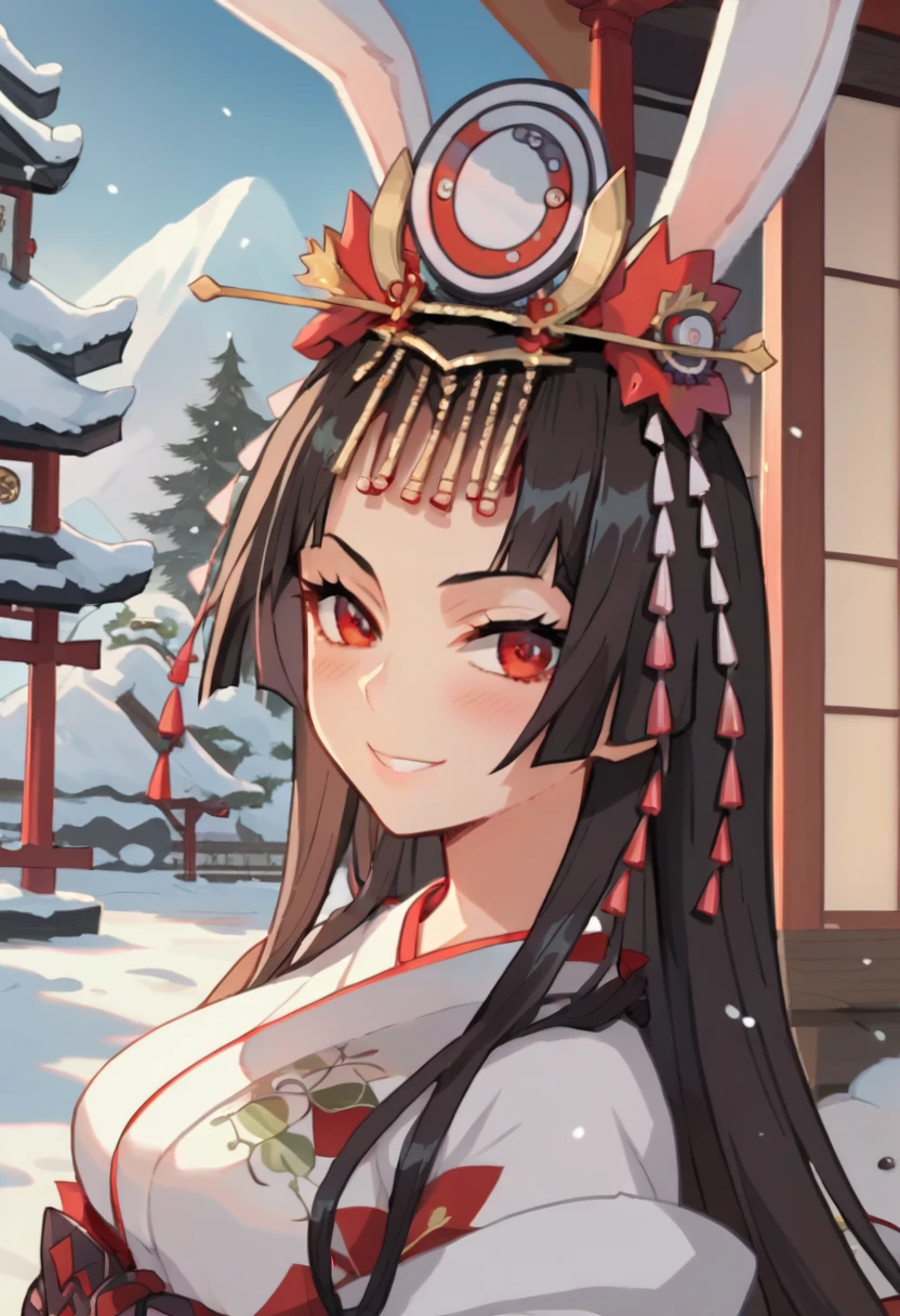 (score_9,score_8_up,score_7_up,source_anime,anime screencap,anime coloring:1.2),(Alone,1girl), smile,blush,snow,japanese clothes, Japanese Shrine,haregi,kaguyahime,rabbit ears,red eyes,hair ornament,long hair,black hair,large breasts,wide hips,rabbit tail