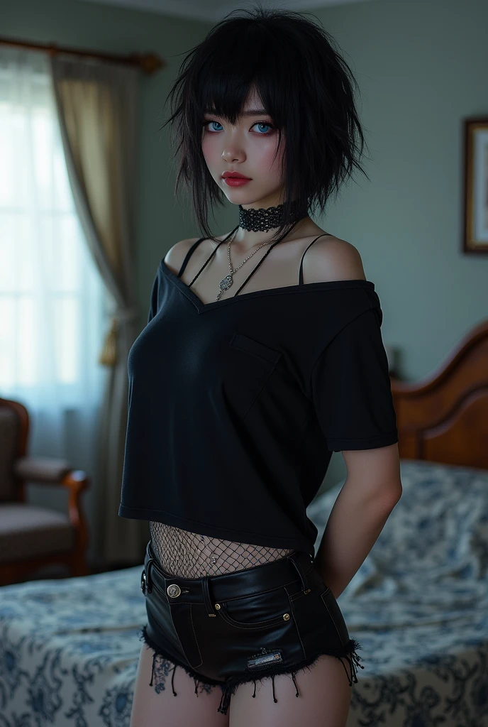 1girl, masterpiece, fishnet pants, goth, skinny, dyed hair, bedhead, black shirt, sitting, spreading legs