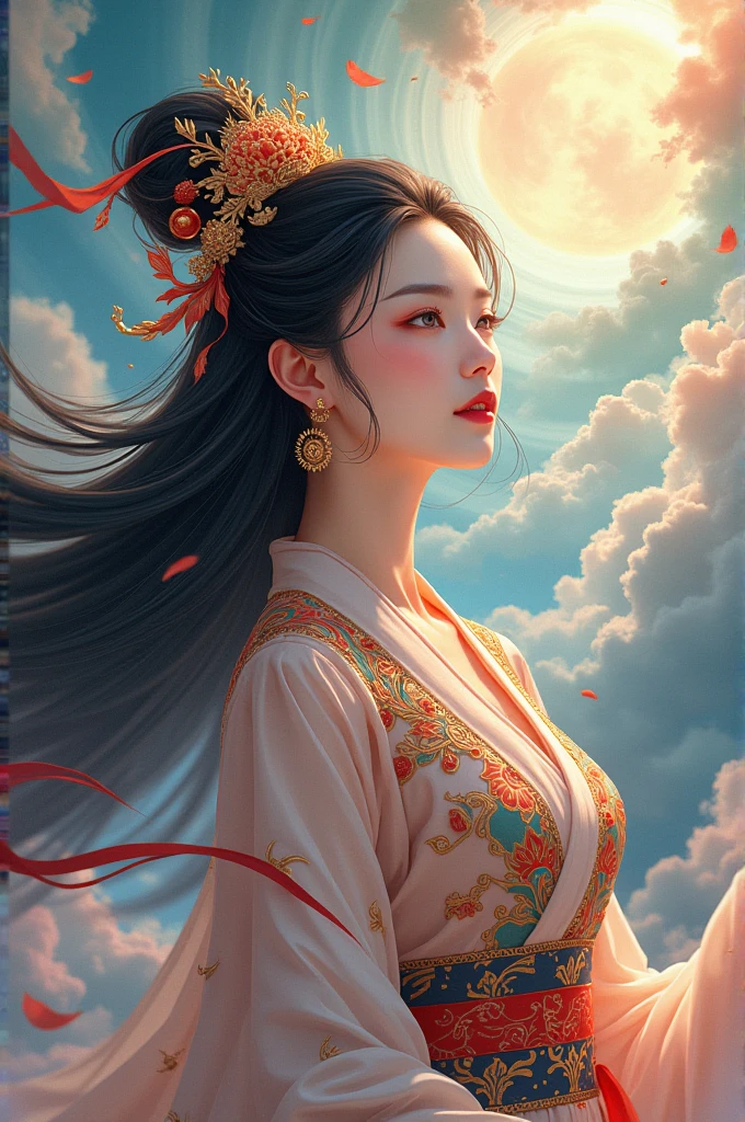 A traditional Chinese goddess、 Superb Beautiful Faces 、 Beautiful Costumes and Decorations 、 long black hair 、 Flowing Colourful Clouds、 vivid colors、Light is shining from beyond the clouds、 high image quality、masterpiece、 anime illustration art、