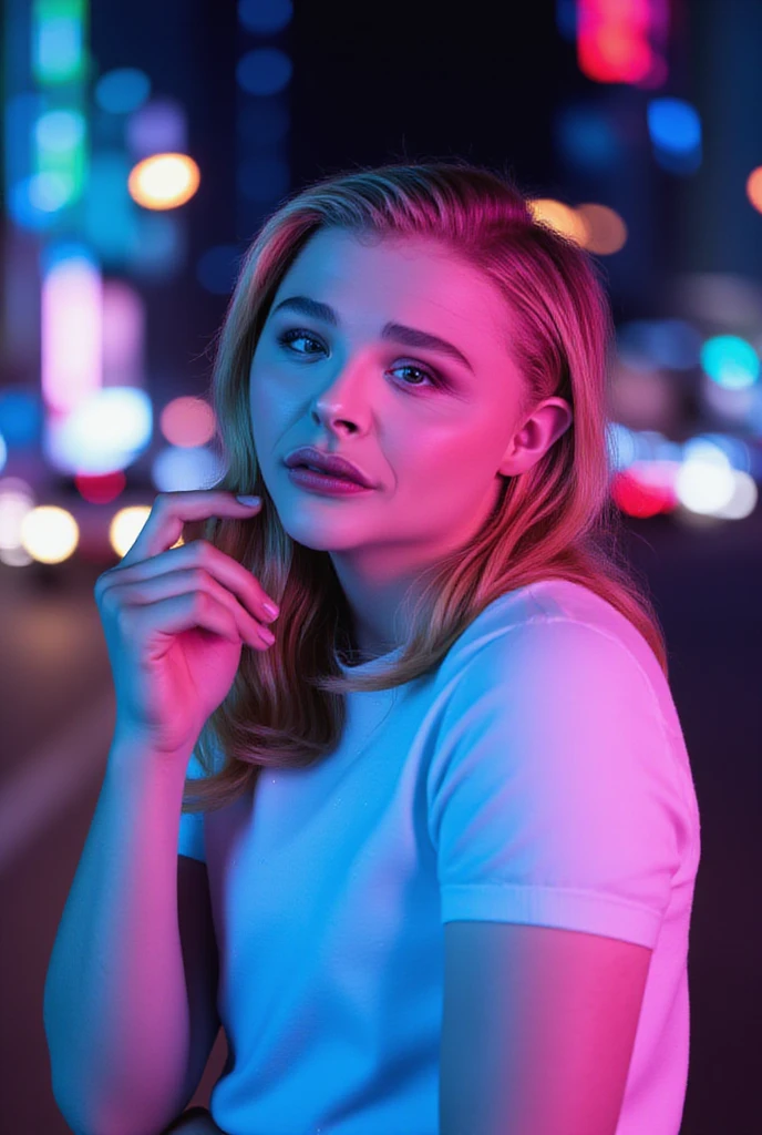 1 girl, Chloe Grace Moretz, neon city lights, cyberpunk, modern photography, detailed, masterpiece, beautiful detailed eyes, beautiful detailed lips, extremely detailed face, long eyelashes, flux white t-shirt, (best quality, 4k, 8k ,high resolution,masterpiece :1.2),ultra detailed,(realistic,photorealistic,photorealistic:1.37),vivid colors,studio lighting