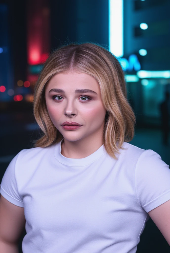 1 girl, Chloe Grace Moretz, neon city lights, cyberpunk, modern photography, detailed, masterpiece, beautiful detailed eyes, beautiful detailed lips, extremely detailed face, long eyelashes, flux white t-shirt, (best quality, 4k, 8k ,high resolution,masterpiece :1.2),ultra detailed,(realistic,photorealistic,photorealistic:1.37),vivid colors,studio lighting