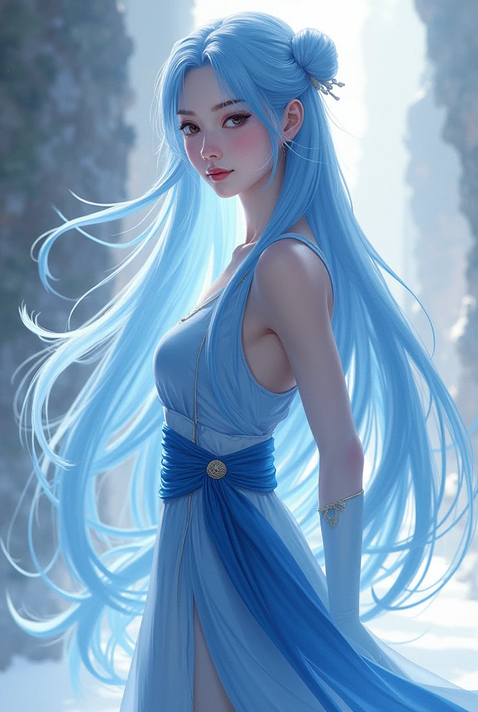 Girl with bare breasts powder blue gradient long hair quadratic