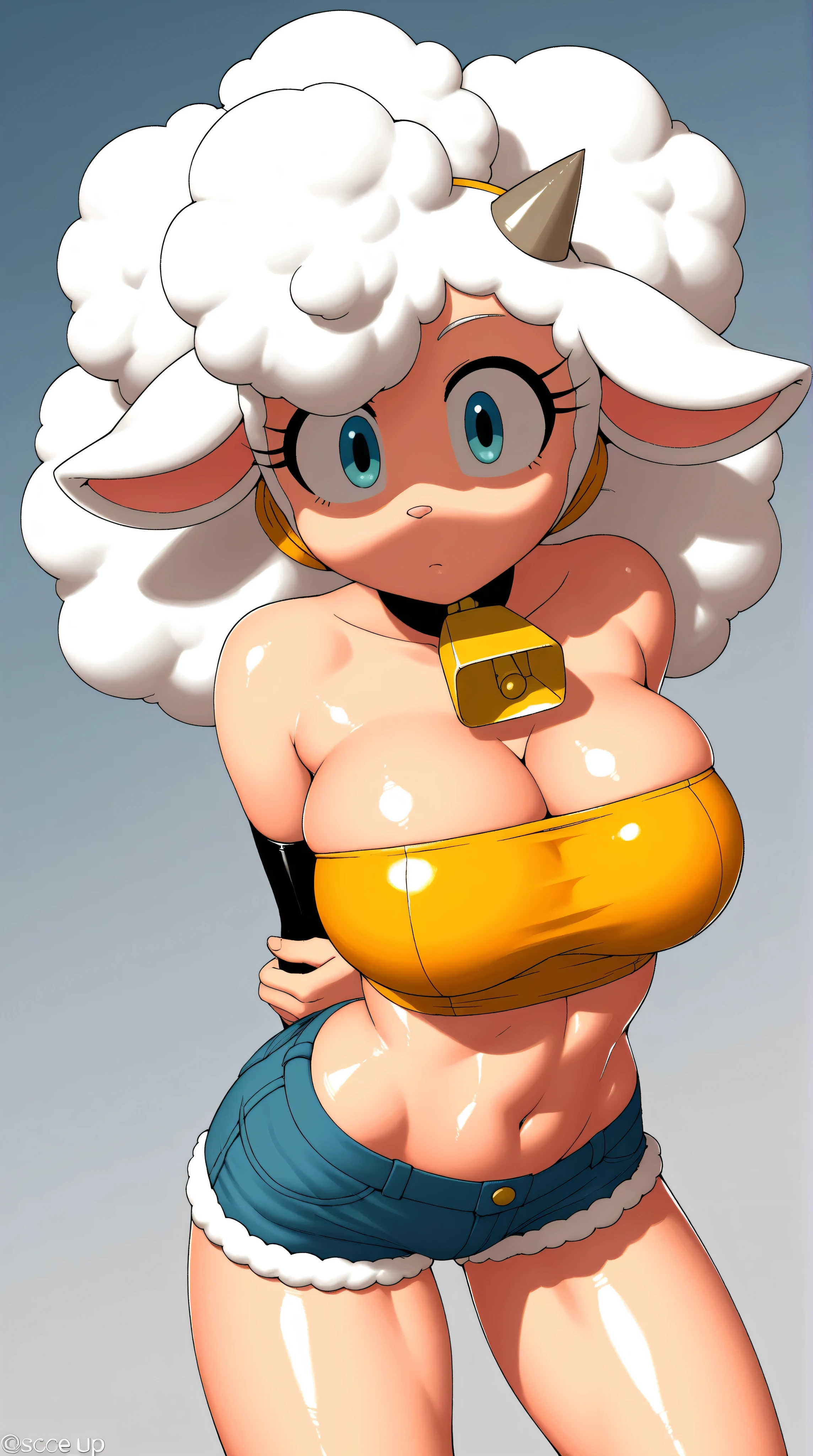 lanolin the sheep, 1girl, perfect breasts, tight tube top, jean shorts, cleavage, shiny skin, sexy pose, dynamic pose, arms behind back, 