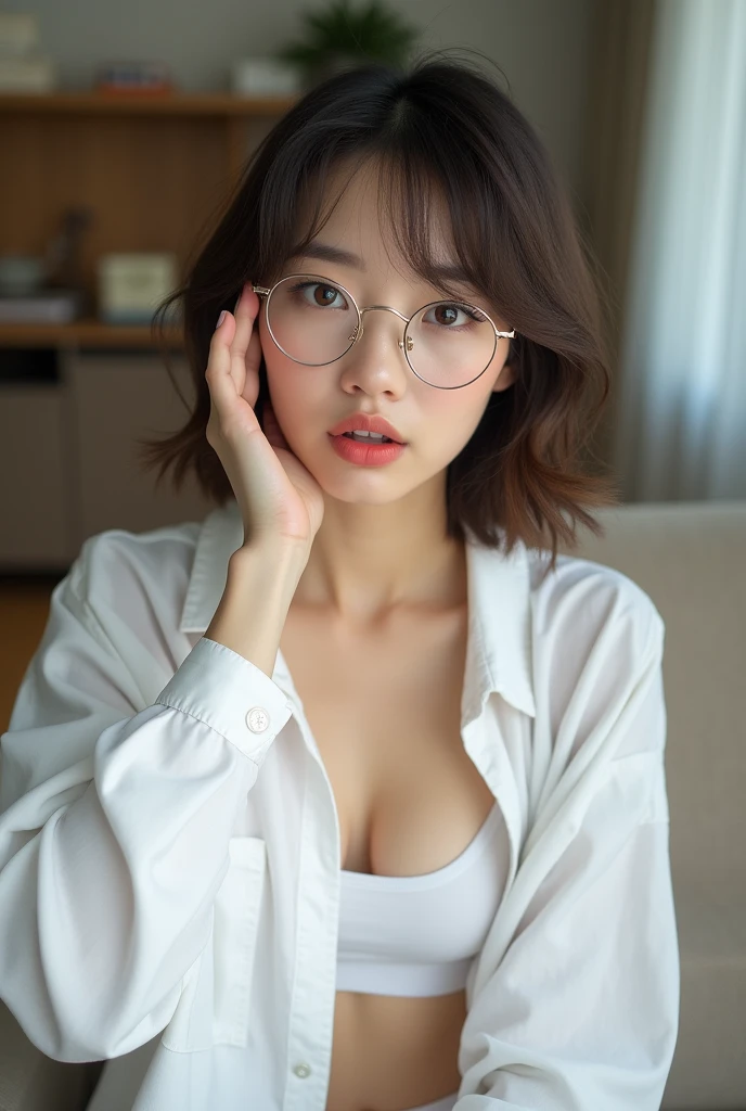 Selfie Phote, 8K, HDR, Top quality, Masterpiece, (Realistic: 1.2), 20-years-old mixed (dilraba dilmurat : 0.5)-(alexandra daddario : 0.5)-(japanese-korean) 1girl, purple shaded blue hair, messy short hair, Blue eyes, Upper body, Wearing an unbuttoned men's shirt, (round glasses), necklace, inside the car. wet body, (shiny body:1.3). (tired and sleepy and satisfied:0.0), oval face, ((orange lips)), Detailed face, Beautiful eye, extremely detailed face, extremely detailed eyes, extremely detailed skin, extremely detailed nose, extremely detailed mouth, perfect anatomy. (perfect round small breast : 0.2), slight cleavage. Professional Photography, medium shot, Hyper Realism, volumetric lighting, ambient lighting, sunset, hot summer, hyperdetailed,