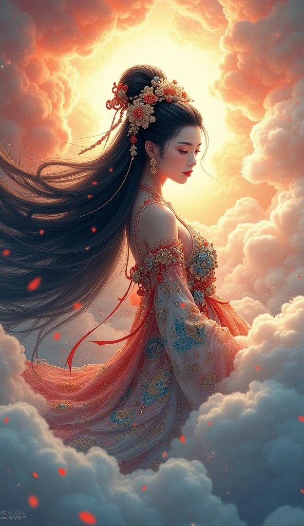 A traditional Chinese goddess、 Superb Beautiful Faces 、 Beautiful Costumes and Decorations 、 long black hair 、 Flowing Colourful Clouds、 vivid colors、Light is shining from beyond the clouds、 high image quality、masterpiece、 anime illustration art、